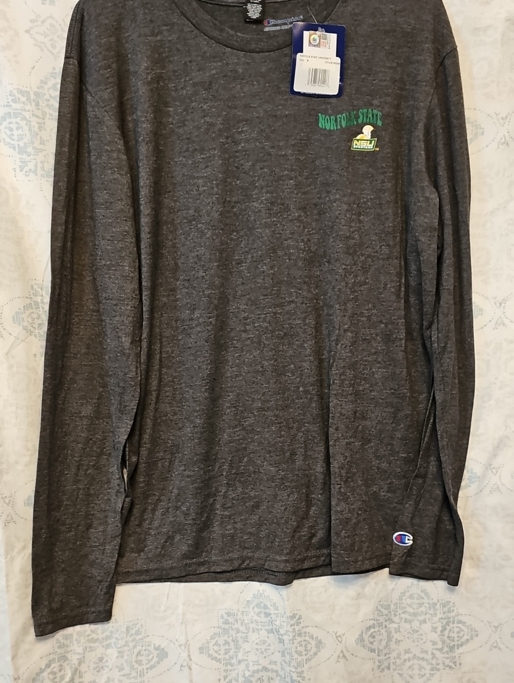 Champion Charcoal Long Sleeve Norfolk State Tee with Green Logo